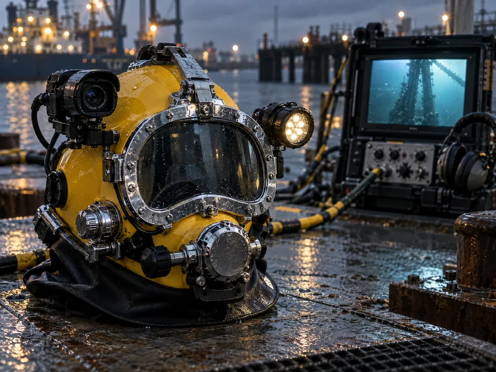 Casco de buceo comercial con cámara CCTV y foco LED montados, junto a una consola de superficie que muestra video submarino en vivo